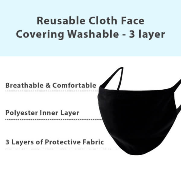 MINIMUM ORDER 5 PACKS It's time to stock up on face masks. Our masks are ideal for everyday use for indoor and outdoor wear. They are made of 3-layers of lightweight, soft fabric and provide comfort for all.  Material:  Outside: 93.5% cotton, spandex 6.5%;  Inside: 100% polyester breathable and comfortable to wear Imported  Made from  3-layers of protective fabric with a polyester inner layer One Size Fits  (6.6 x 5 in) Earloops that stretch to provide a secure fit around the face Soft, breathable, and comfortable to wear all day. Washable and Reusable. Available in Black and White